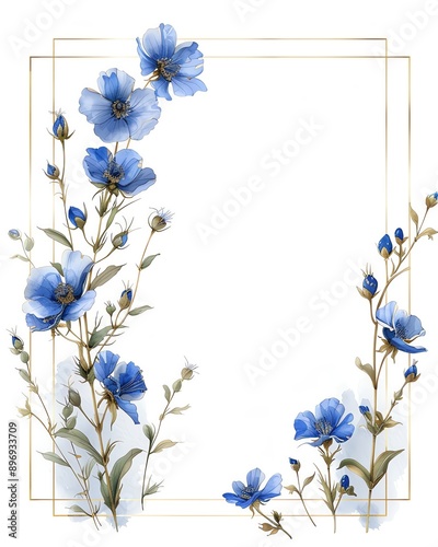Elegant blue floral frame with delicate spring flowers and gold accents, perfect for weddings, invitations, or romantic events.