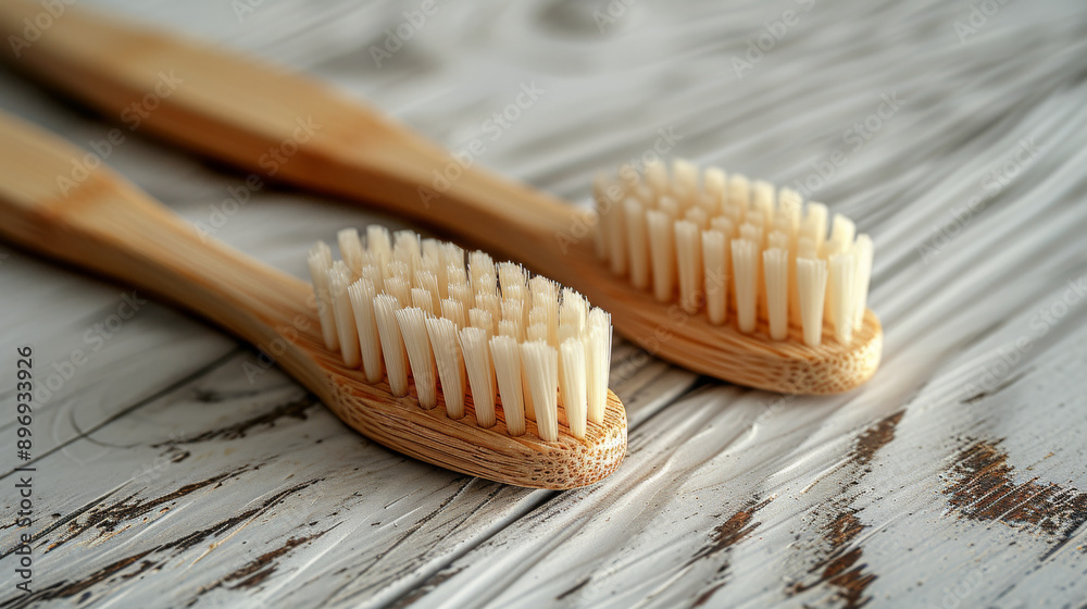 Two bamboo toothbrushes on white wood surface Two bamboo toothbrushes on white wood surface