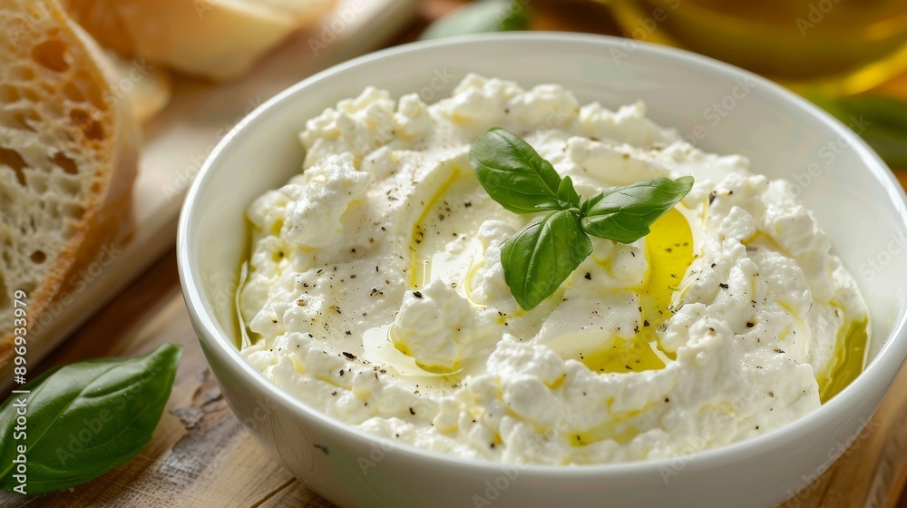 Fresh Ricotta Cheese with Olive Oil and Basil Leafs Perfect for Healthy Meals and Recipes Fresh Ricotta Cheese with Olive Oil and Basil Leafs Perfect for Healthy Meals and Recipes