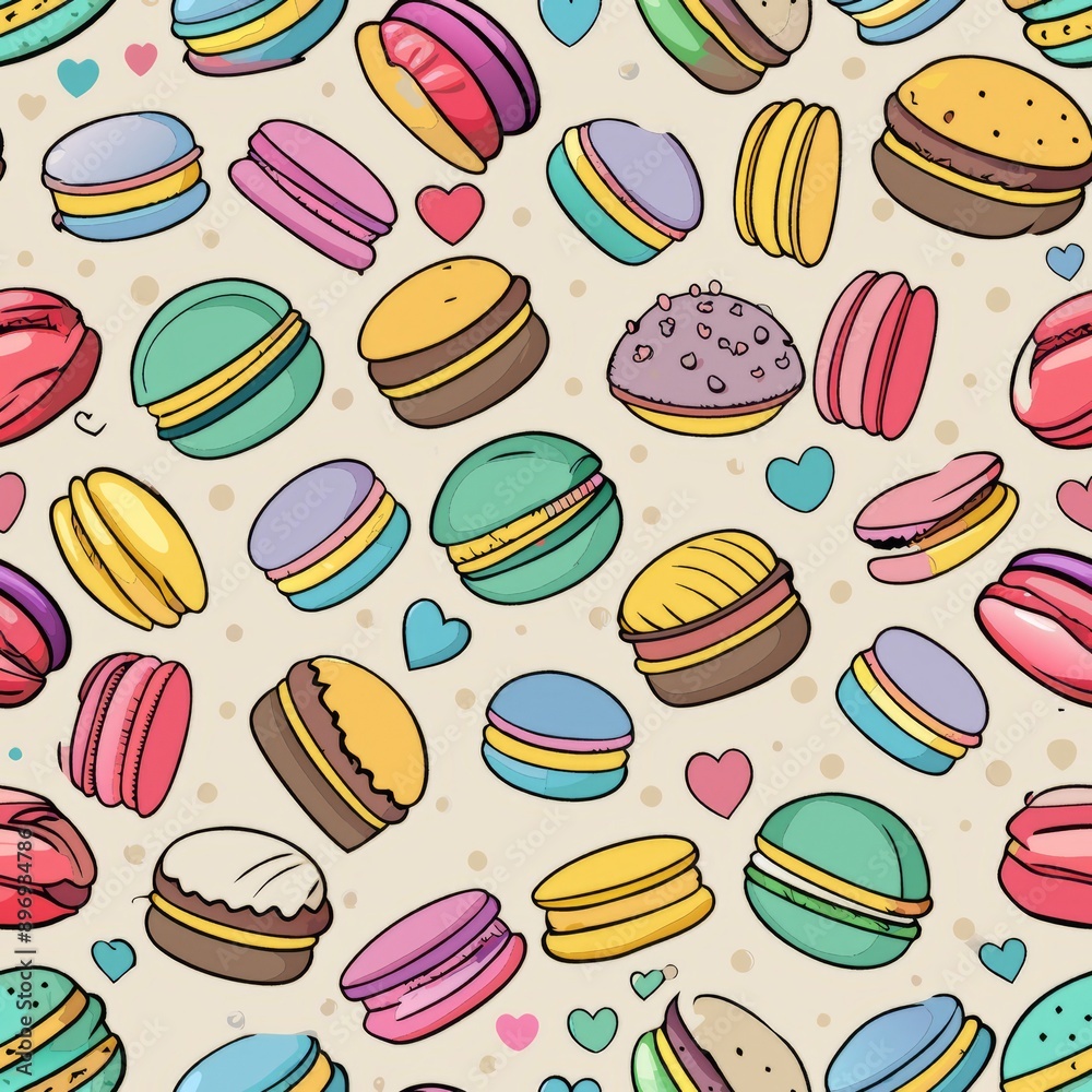 Seamless pattern of macaroons and pastries, Generative AI Seamless pattern of macaroons and pastries, Generative AI