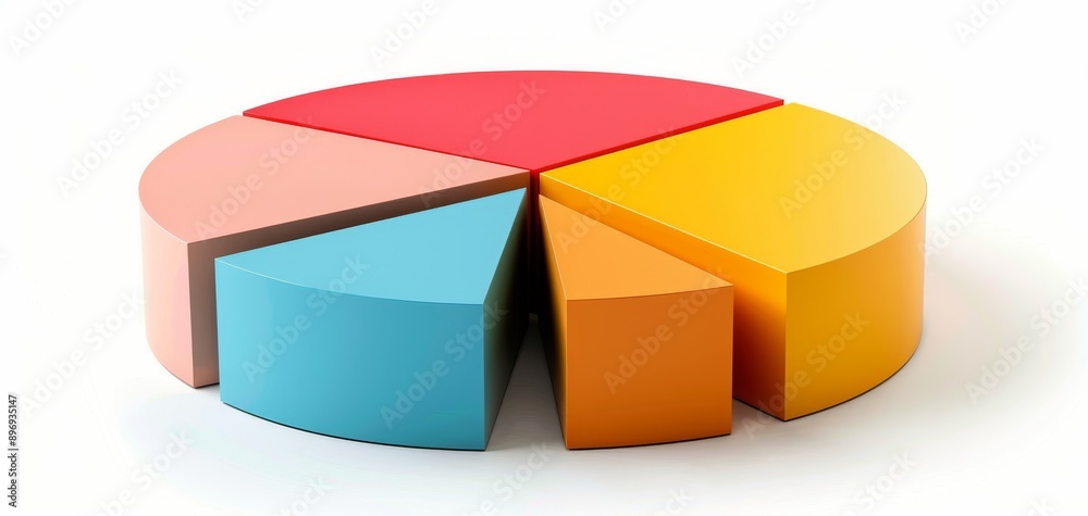 Fototapeta premium Colorful 3D pie chart with six segments representing data distribution on a white background, ideal for business and statistical presentations. layout using a detailed model and versatile template