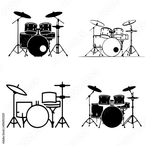 Silhouettes of drum kits, bass drum, crash, hi-hat, snare. Vector monochrome set of sketches of musical instruments, EPS 10 format