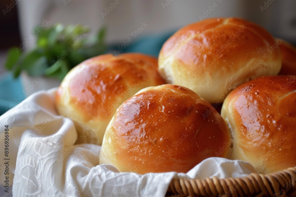 Golden brown bread rolls are baking in a wicker basket lined with a white cloth Golden brown bread rolls are baking in a wicker basket lined with a white cloth