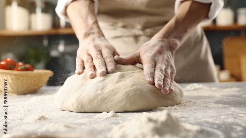 Baker kneading dough in kitchen with flour dust. Baker kneading dough in kitchen with flour dust.