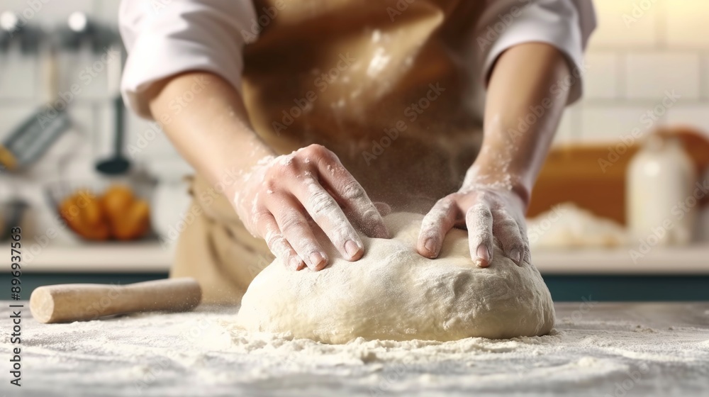 Baker kneading dough on flour covered countertop. Baker kneading dough on flour covered countertop.