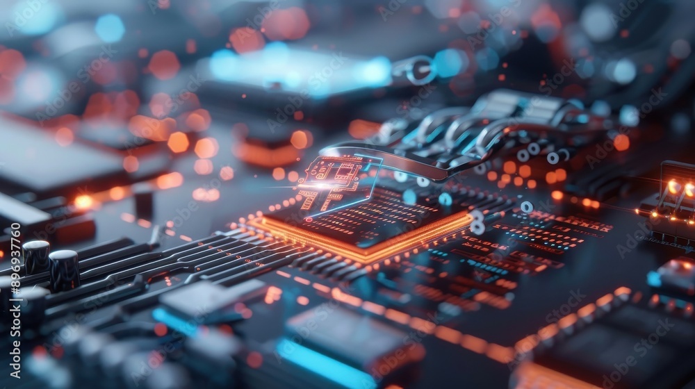 Data breach in progress, neon blue and orange background, futuristic cityscape.
