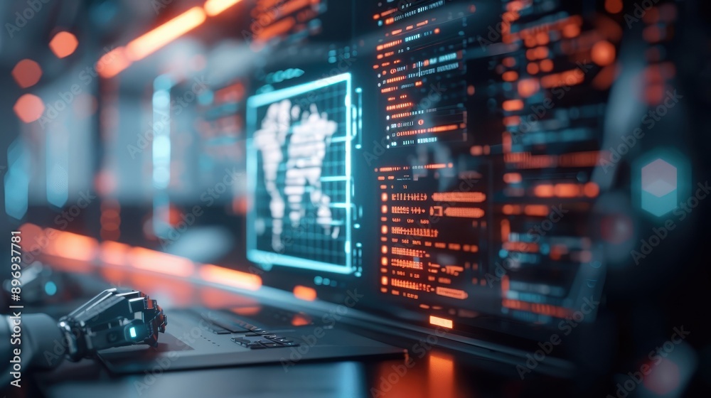 Identity theft in action, neon purple and red background, digital matrix theme. Identity theft in action, neon purple and red background, digital matrix theme.