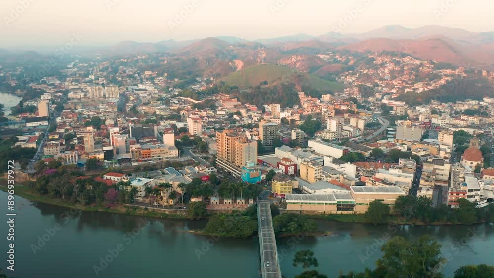 Aerial Pan View of Downtown Barra do Piraí, Rio de Janeiro, Brazil over the Paraíba do Sul River at Dusk Aerial Pan View of Downtown Barra do Piraí, Rio de Janeiro, Brazil over the Paraíba do Sul River at Dusk