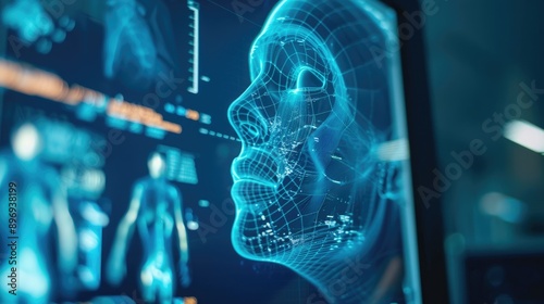 Face beauty surgery using AI technology, examining x-ray screen for medical treatment, AI generated for ads