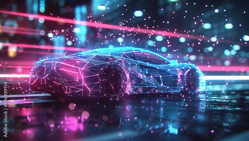  Futuristic Car Made of Glowing Lines and Dots with Blue and Pink Lights. Dark Blue Background Creating a Mysterious and Magical Atmosphere. Symbolizing Innovation in Automotive Technology.