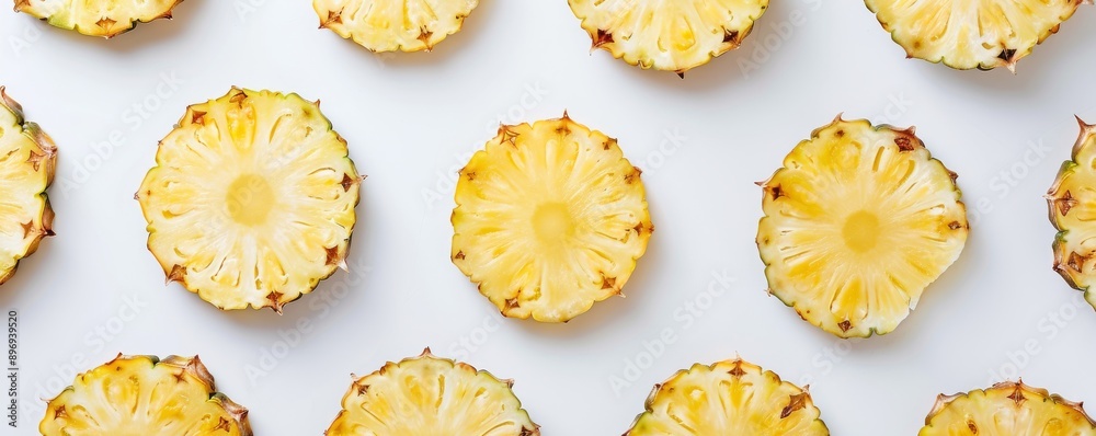 Sliced pineapple rings on a white background, top view. Tropical fruit concept. Sliced pineapple rings on a white background, top view. Tropical fruit concept.