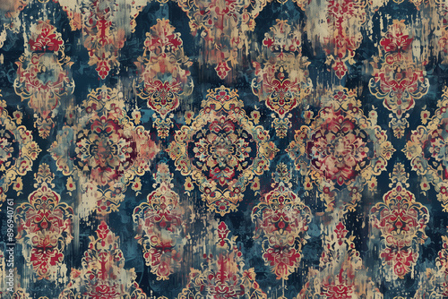 
A luxurious Persian wallpaper featuring detailed floral patterns, arabesques, and a palette of rich reds, blues, and golds, reminiscent of traditional Persian carpets