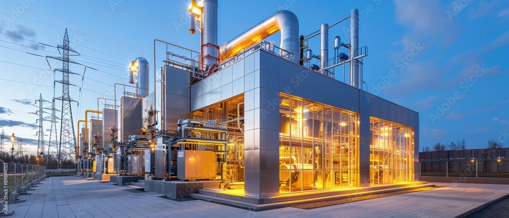 Modern Digital Electricity Plant in Industrial Setting under Clear Sky Modern Digital Electricity Plant in Industrial Setting under Clear Sky