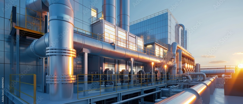 Fototapeta premium Futuristic Digital Electricity Plant in Industrial Setting Under Clear Sky