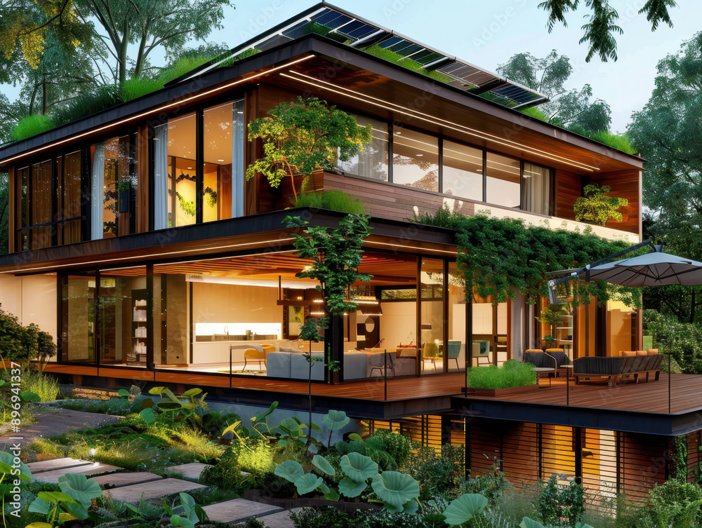 Fototapeta premium Modern eco-friendly house with large windows, lush greenery, solar panels, and stylish outdoor seating on a sunny day