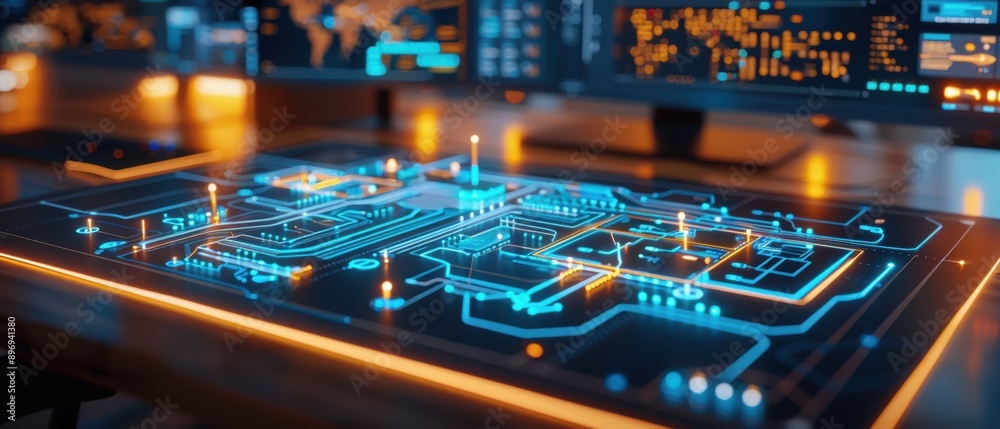 Designing Digital Electricity Network Diagrams on Brightly Lit Office Desk Designing Digital Electricity Network Diagrams on Brightly Lit Office Desk