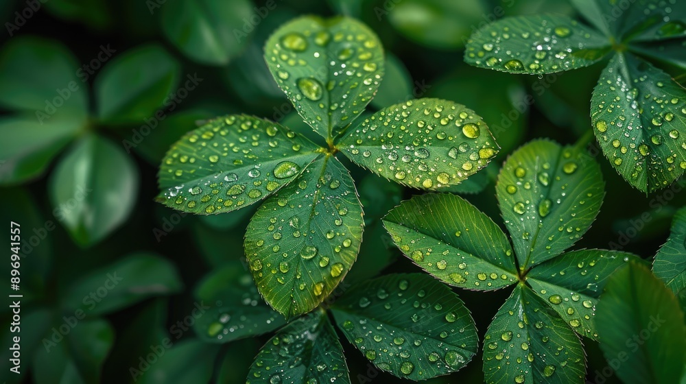 closeup of dew-kissed clover leaves, symbolizing the good fortune and luck associated with St. Patrick's Day closeup of dew-kissed clover leaves, symbolizing the good fortune and luck associated with St. Patrick's Day