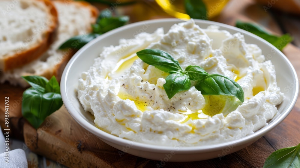 Fresh Ricotta Cheese with Olive Oil and Basil, Perfect for Culinary Recipes and Food Photography Fresh Ricotta Cheese with Olive Oil and Basil, Perfect for Culinary Recipes and Food Photography