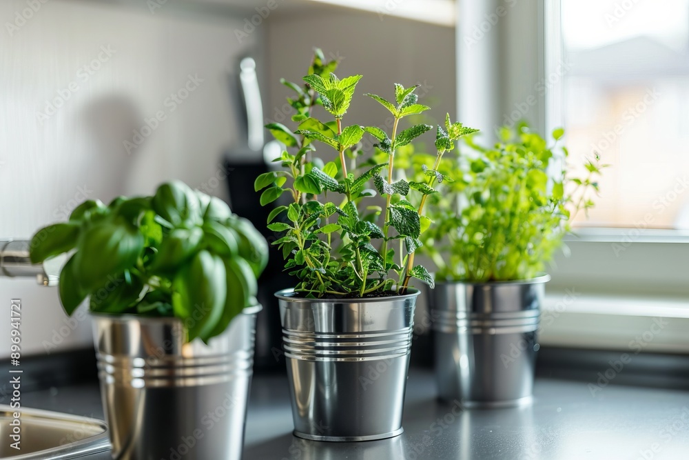 A minimalist kitchen with a Herb Garden including basil, mint, and rosemary. A minimalist kitchen with a Herb Garden including basil, mint, and rosemary.