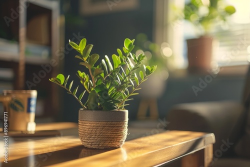 A ZZ Plant (Zamioculcas zamiifolia) in a minimalist, modern home office. photo