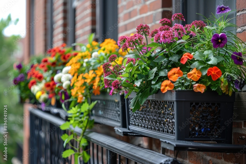 Brightly colored flowers growing in window boxes on brick wall Brightly colored flowers growing in window boxes on brick wall