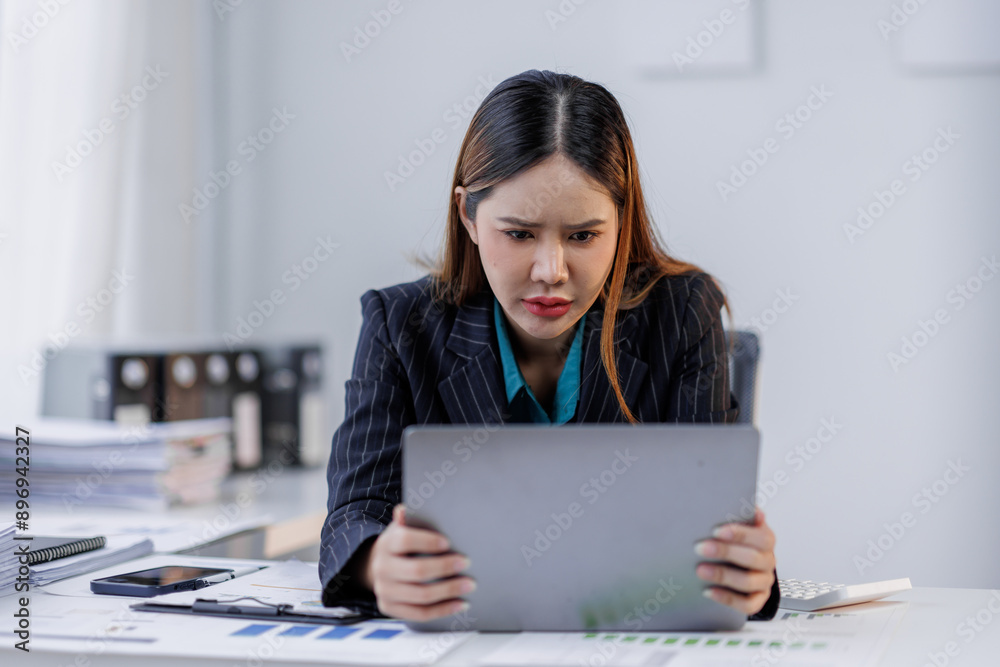 Portrait of tired business asian woman sitting at a work. documents tax laptop computer in office. Sad, unhappy, Worried, Depression, or overworked, failure employee life stress concept Portrait of tired business asian woman sitting at a work. documents tax laptop computer in office. Sad, unhappy, Worried, Depression, or overworked, failure employee life stress concept