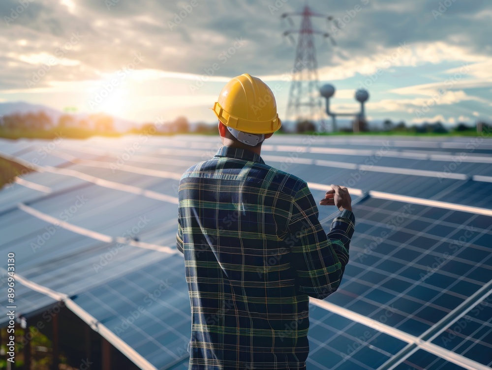 Eco-conscious Engineer Inspecting Solar Panels - Renewable Energy and Ecology Concept Eco-conscious Engineer Inspecting Solar Panels - Renewable Energy and Ecology Concept