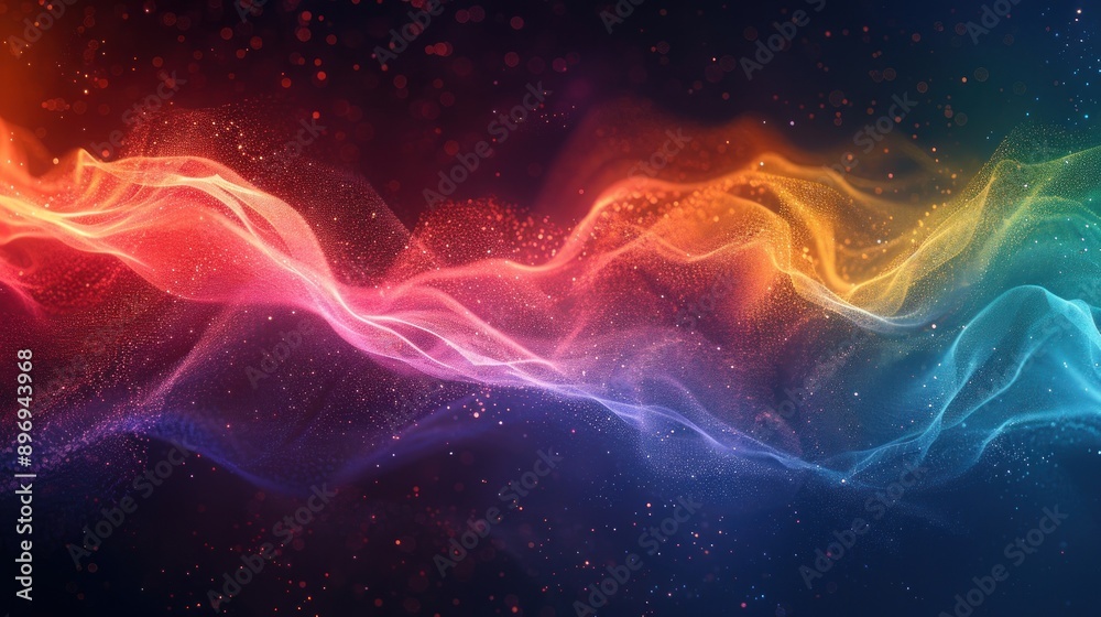 Fototapeta premium Vibrant Abstract Waves of Light and Color Flowing Through a Dark Space Filled with Glittering Particles