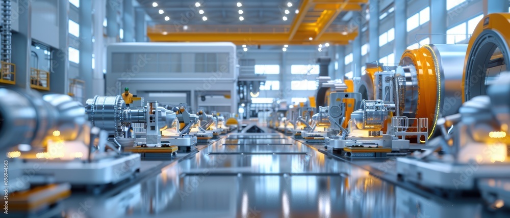 Fototapeta premium Modern Industrial Assembly Line for Iron Production with Workers in Factory Interior