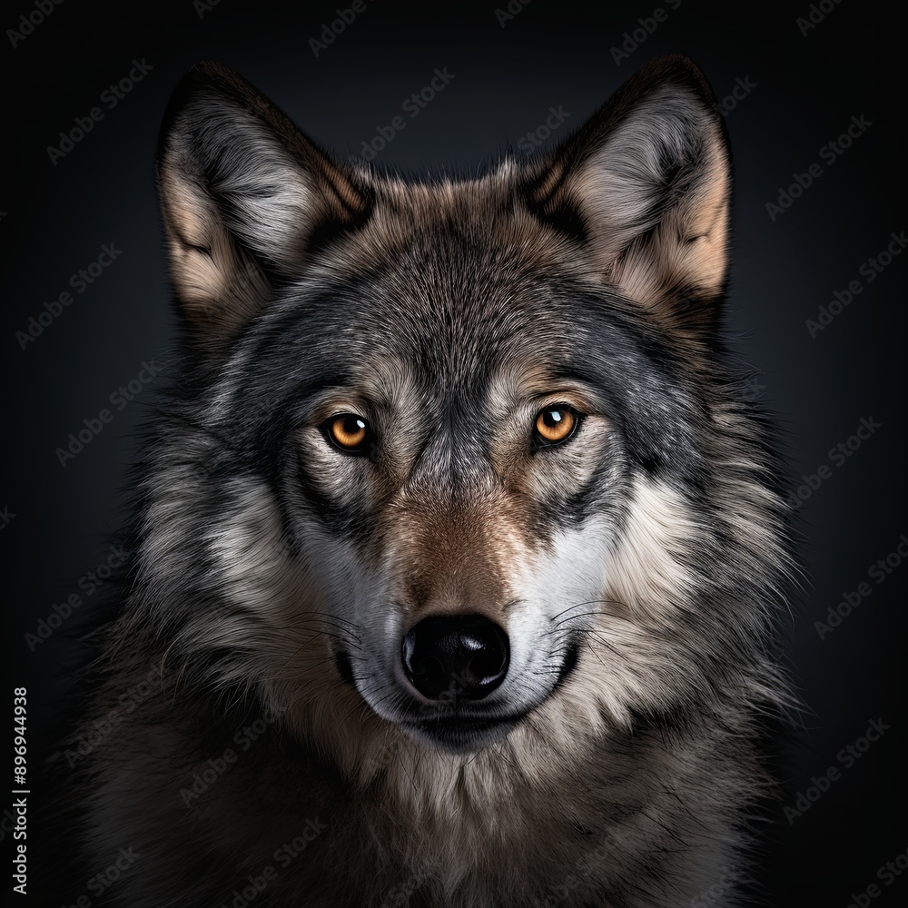 A striking close-up portrait of a majestic wolf with intense yellow eyes against a black background. Ideal for wildlife collections, book covers, and captivating marketing campaigns. A striking close-up portrait of a majestic wolf with intense yellow eyes against a black background. Ideal for wildlife collections, book covers, and captivating marketing campaigns.