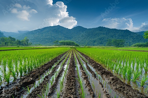 Newly planted rice fields with dry soil due to insufficient water.