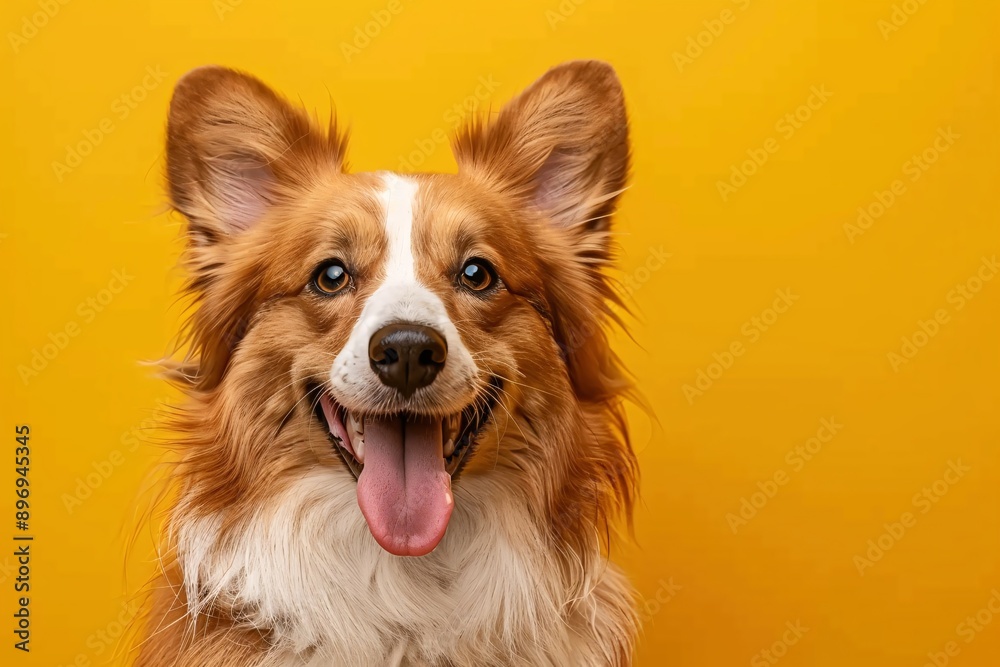 A cheerful canine with a joyful look on a solid yellow backdrop. A cheerful canine with a joyful look on a solid yellow backdrop.