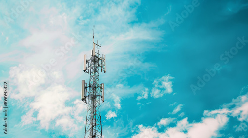 A tall antenna tower stands against a blue sky. This represents the latest 5G technology used in cell phones and communication networks.