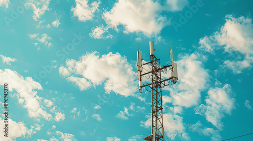 A tall antenna tower stands against a blue sky. This represents the latest 5G technology used in cell phones and communication networks.