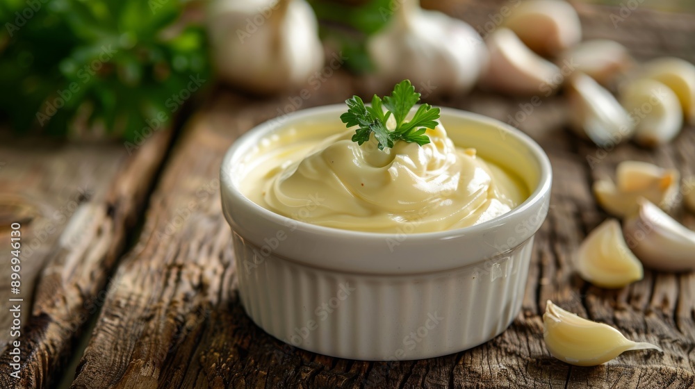 Creamy Aioli in Small Ceramic Dish on Rustic Wooden Table with Fresh Garlic Cloves and Parsley Garnish Creamy Aioli in Small Ceramic Dish on Rustic Wooden Table with Fresh Garlic Cloves and Parsley Garnish