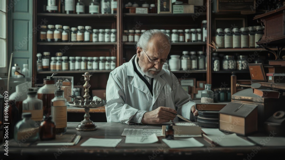 An elderly man in a lab coat carefully examines documents in an antique pharmacy filled with glass jars and shelves. An elderly man in a lab coat carefully examines documents in an antique pharmacy filled with glass jars and shelves.