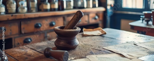 A rustic wooden mortar and pestle on an antique table, surrounded by vintage jars and handwritten notes, evoking historical craftsmanship.