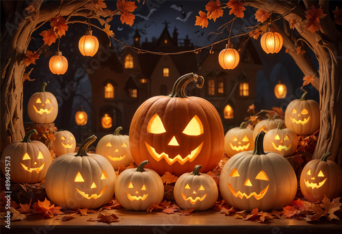 A festive Halloween greeting card showcasing a collection of carved pumpkins with various spooky and playful faces. 