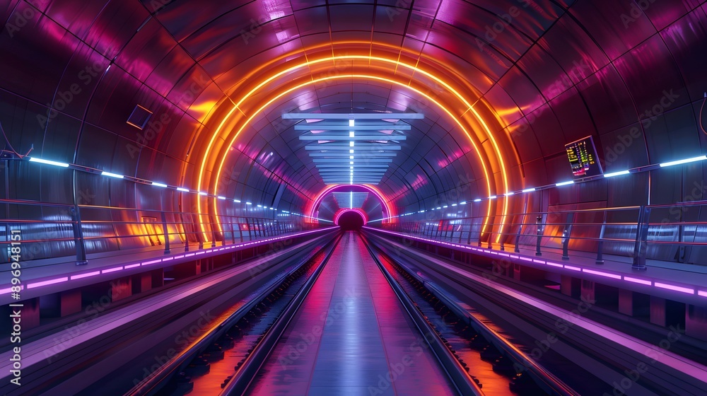 Fototapeta premium Neon Lights Tunnel in Underground Train Station