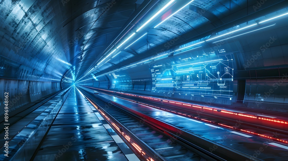 Fototapeta premium Futuristic Underground Tunnel with Neon Lights and Digital Interface