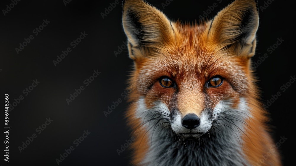closeup of the face and head of an orange fox against black background, its eyes glowing with intense focus as it gazes forward closeup of the face and head of an orange fox against black background, its eyes glowing with intense focus as it gazes forward