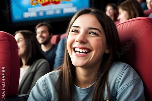 Young pretty woman laughing and enjoying a funny movie in a movie theatre, fun, entertainment, happiness, giggles, chuckles, amusement, delight, cinema, popcorn, screen, audience, excitement, smiles photo