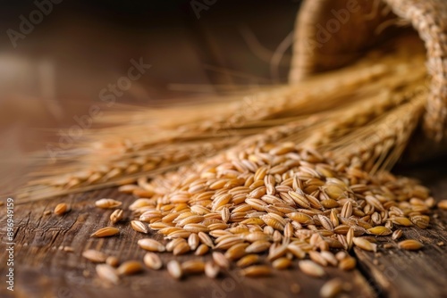 Spelt grain is spilling from a burlap sack onto a rustic wooden background