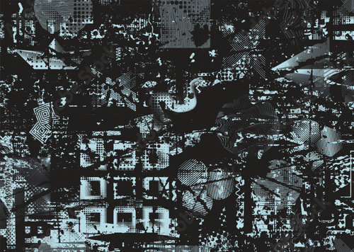 Glitch distorted grungy abstract forms . Cyber punk seamless pattern texture. Halftone dots .Futuristic background . Glitched shapes with dots and lines .Screen print endless pattern texture