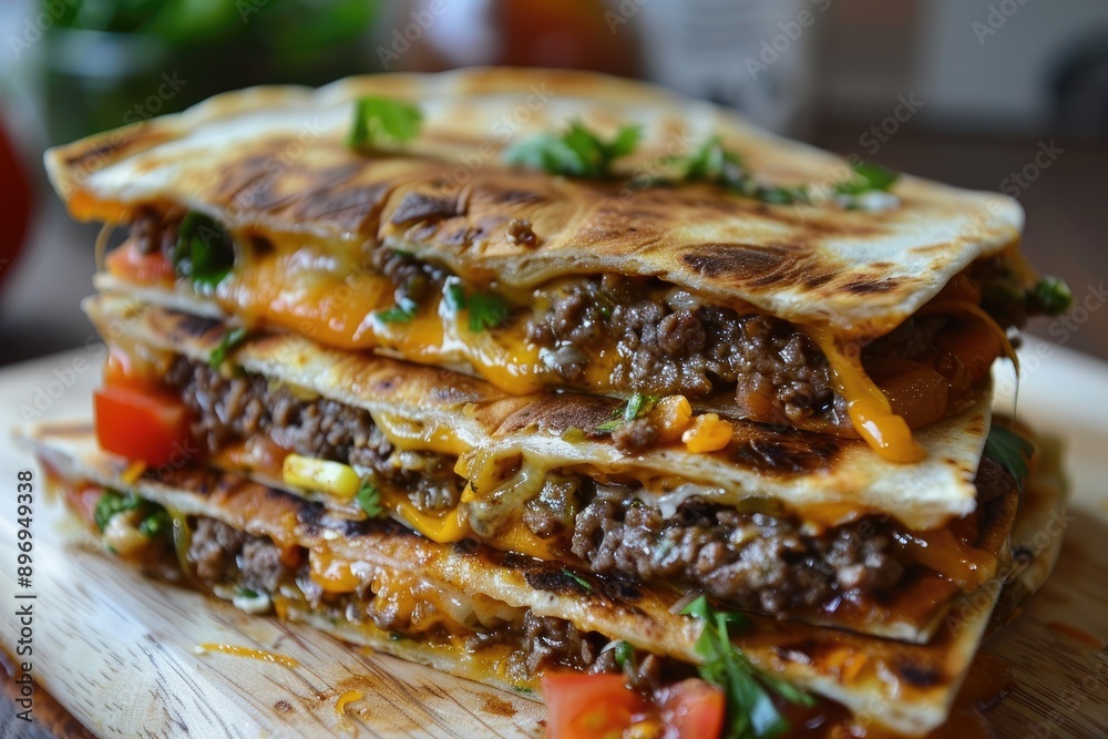 A stack of cheesy beef quesadillas. This photo is perfect for articles about Mexican cuisine or fast food, or for recipes. A stack of cheesy beef quesadillas. This photo is perfect for articles about Mexican cuisine or fast food, or for recipes.