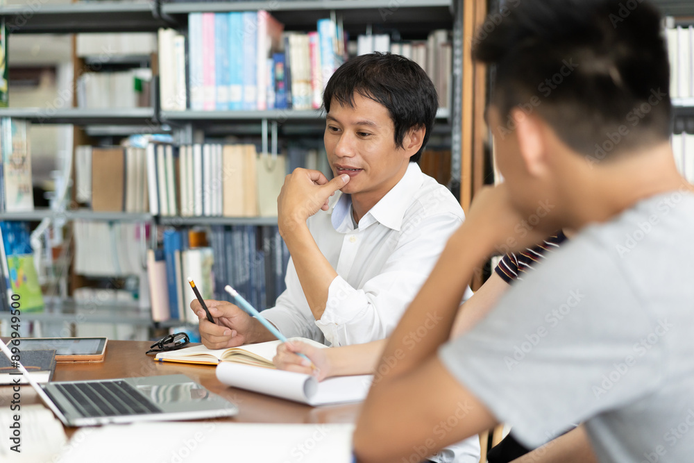 Group of asian students researching for project in library.