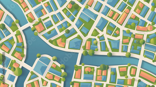 Flat style city map illustration with river and buildings