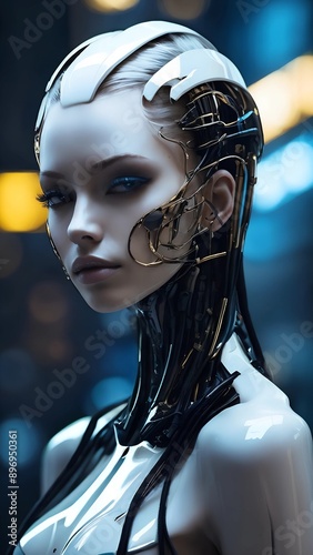 female android with futuristic design, cyberpunk, AI