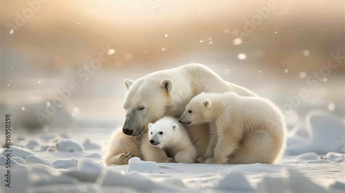 A mother polar bear nuzzles her cubs on the icy Arctic tundra.