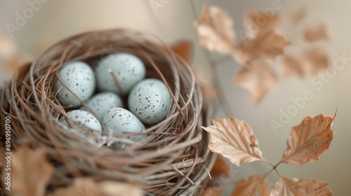 A close-up of a bird's nest with speckled eggs.